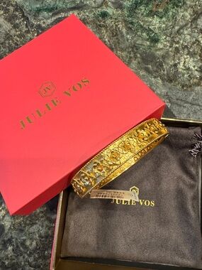NWT - Julie Vos Gold Floral Engraved Hinged Bangle